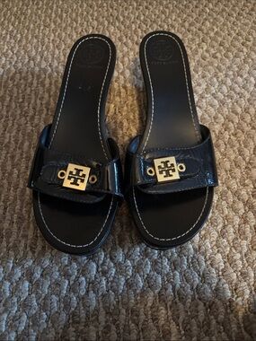 Tory Burch Black Patent Slides with Gold Logo Plaque